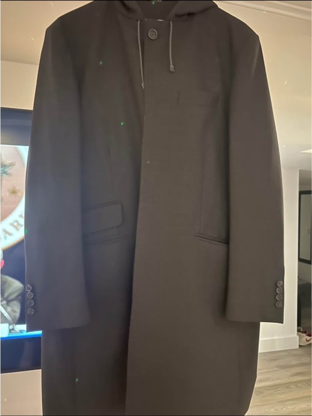 Men's Black Hooded Overcoat - Classic Wool-Blend Coat